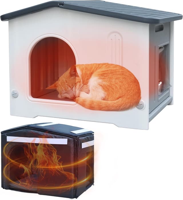 Detalle de Katzenhaus mit isolierter Auskleidung (Outdoor/Indoor) – HDPE-Katzenunterstand mit Fluchttür, grau