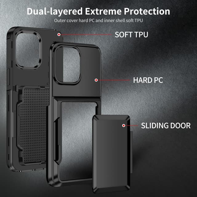 Detalle 2 de Aolcev iPhone 12 / 12 Pro case with card holder (up to 4 cards) – dual-layer shockproof wallet cover, black