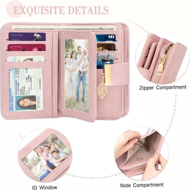 Detalle 2 de Faneam Damen-Geldbörse aus Kalbsleder mit RFID-Schutz, 14 Kartenfächer & Reißverschluss-Münzfach