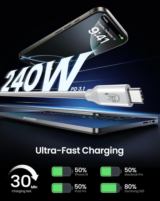 Detalle de Silkland cavo USB4/Thunderbolt 4 da 1 m 40Gbps con ricarica fino a 240W (compatibile Thunderbolt 5) per MacBook e dock