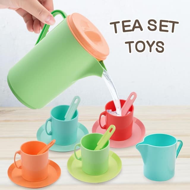 Detalle de RUIDYA Play Kitchen Accessories 37-piece pretend tea party set with carry basket