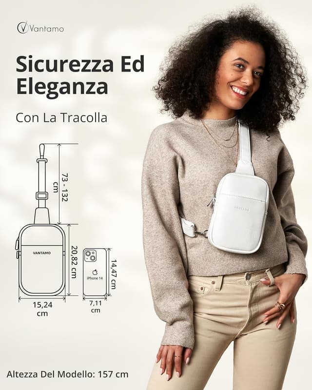 Detalle de Vantamo tracolla crossbody da donna in pelle vegana con blocco RFID e clip anti-borseggiatore