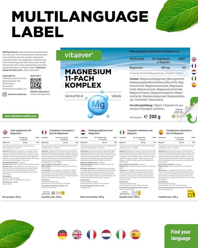 Detalle 2 de vit4ever Magnesium Komplex – 240 Kapseln mit 408 mg elementarem Magnesium täglich (vegan)