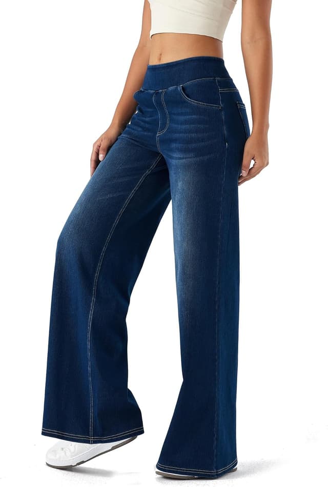 Detalle 2 de LaiEr Large denim wide leg pants for women – high waisted slimming jeans with pockets and marble wash