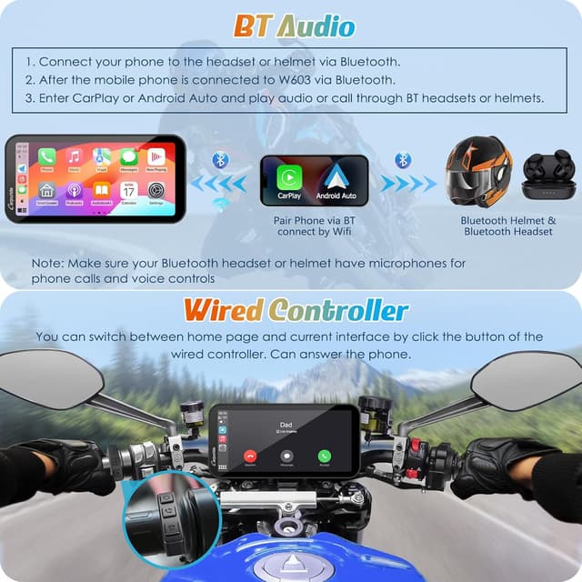 Detalle de Carpuride W603 6.3" Waterproof Motorcycle CarPlay Screen (Wireless CarPlay & Android Auto, BT Audio, GPS, voice control)