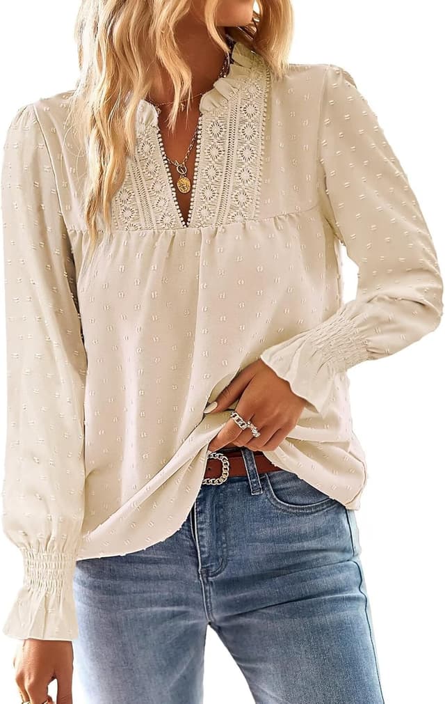 Detalle de TUUHAW Langarmshirt Damen mit V-Ausschnitt und Häkelspitze – Boho-Bluse für lässige & elegante Outfits