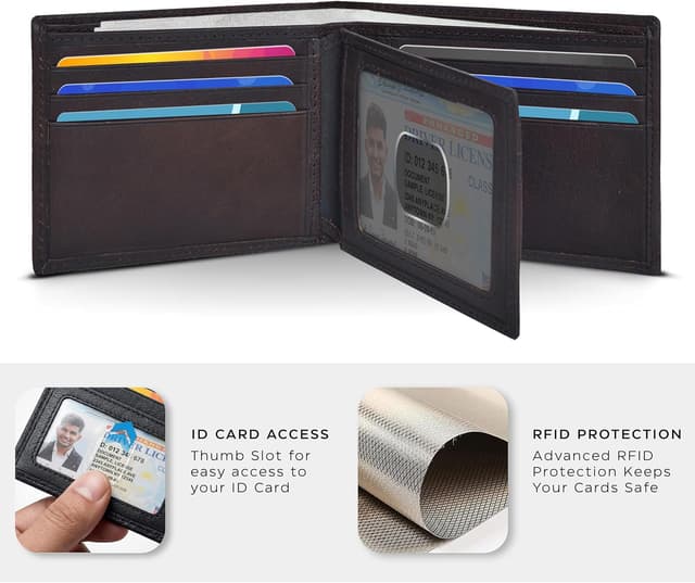 Detalle de Oak Leathers brown leather bi-fold wallet for men with 9 card slots and RFID blocking