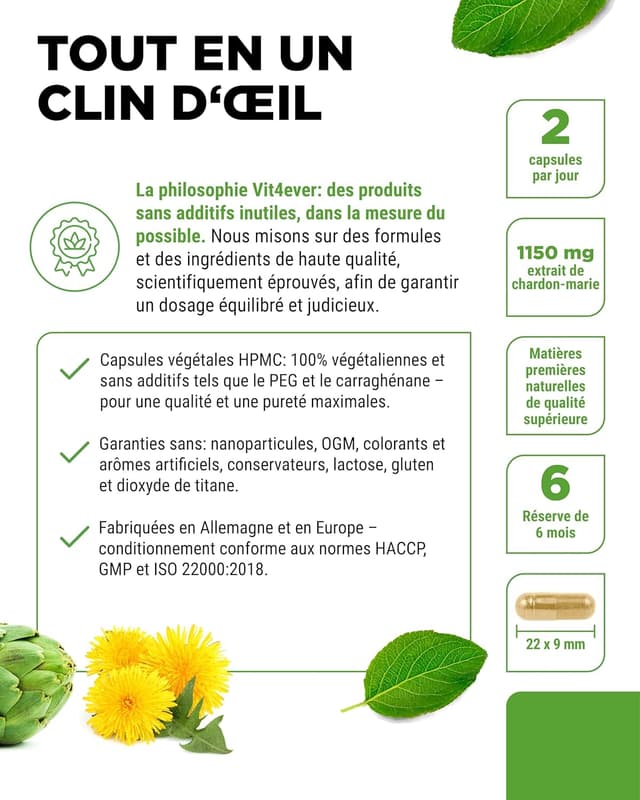 Detalle 2 de Complexe Chardon-Marie, Artichaut & Pissenlit en capsules – 365 pour 6 mois (80% silymarine, vegan)