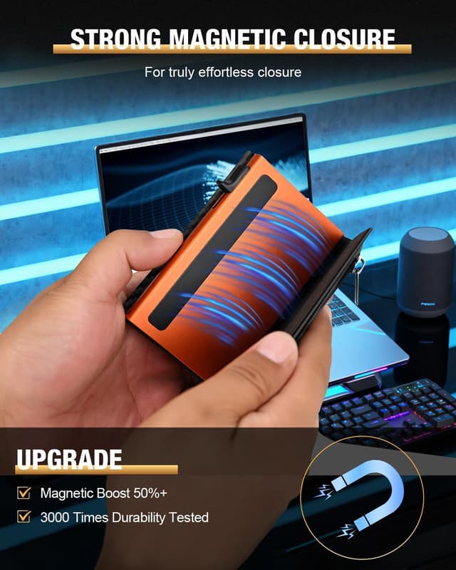 Detalle 2 de Slim Kartenetui für Herren mit Münzfach & ID-Fenster – Schwarz/Orange