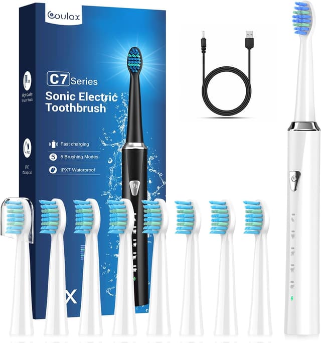 Detalle de Coulax Pro COULAX Spazzolino Elettrico Sonico con 8 testine, 5 modalità e timer 2 minuti (IPX7)