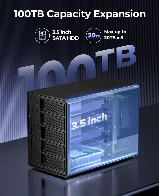 Detalle de ORICO boîtier externe pour 5 disques durs USB 3.0 vers SATA avec RAID (aluminium) – 5 baies