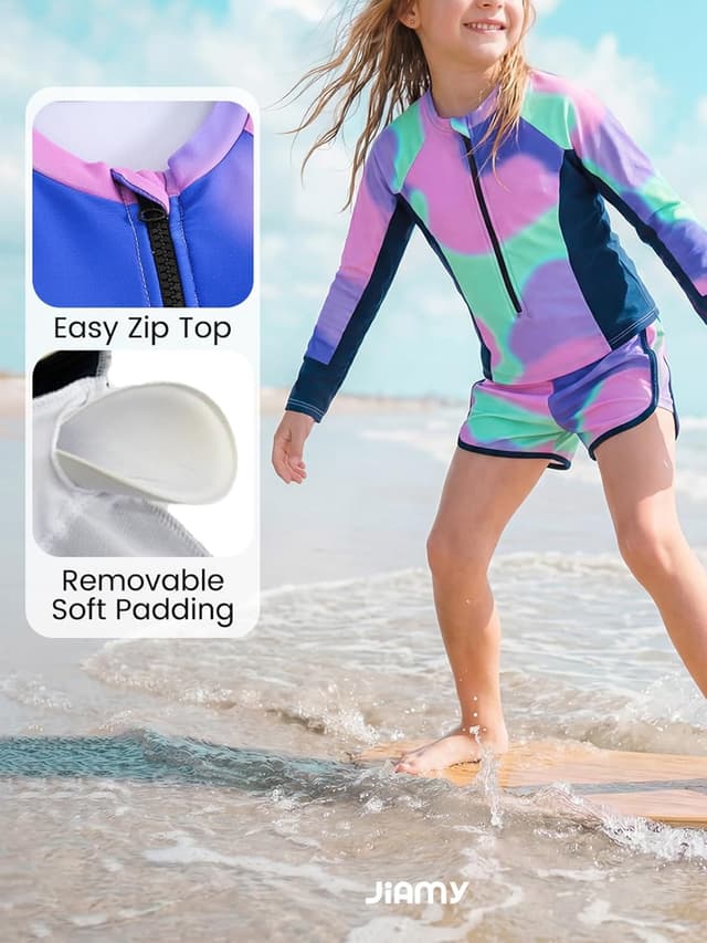 Detalle 2 de JiAmy Mädchen Badeanzug Zweiteiler mit Langarm-UV-Schwimmshirt und Badehose, 7–12 Jahre (Gr. 122–152)