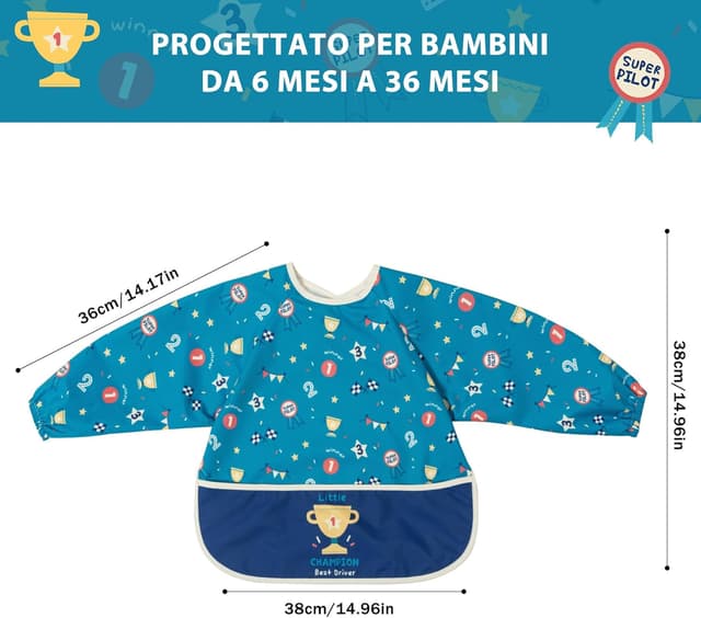 Detalle 2 de Little Dimsum Bavaglino da svezzamento con maniche lunghe impermeabile, tasca grande e collo regolabile (6-36 mesi)