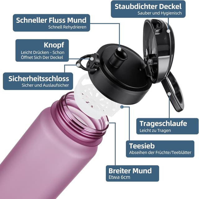 Detalle de OLDLEY 1‑Liter Wasserflasche mit Sieb (BPA-frei, auslaufsicher) aus Tritan – mit Ein‑Klick‑Verschluss