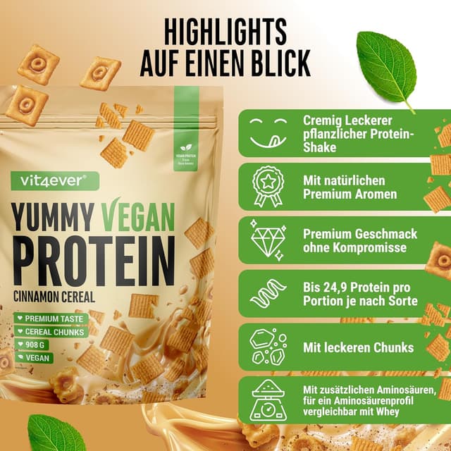 Detalle de vit4ever Yummy Vegan Protein Cinnamon Cereal mit Chunks – veganer Proteinshake aus Fava-Bohnen-Isolat (908 g)