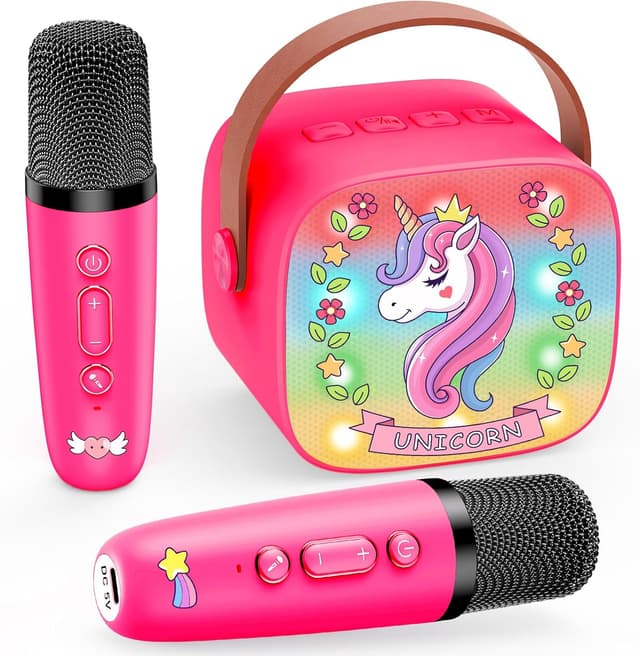 Detalle de Dislocati Mädchen-Karaoke-Set mit Bluetooth: 2 Kinder-Mikrofone, DSP & LED-Lichter (3–12 Jahre)