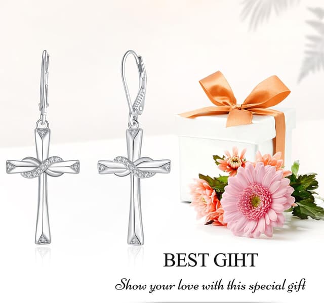 Detalle de J.WUEN boucles d’oreilles pendantes pour femme en argent 925 avec motif croix