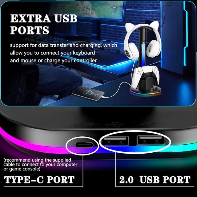 Detalle de JDGPOKOO PS5 Controller Charging Station with RGB Headphone Stand (2 USB Ports)