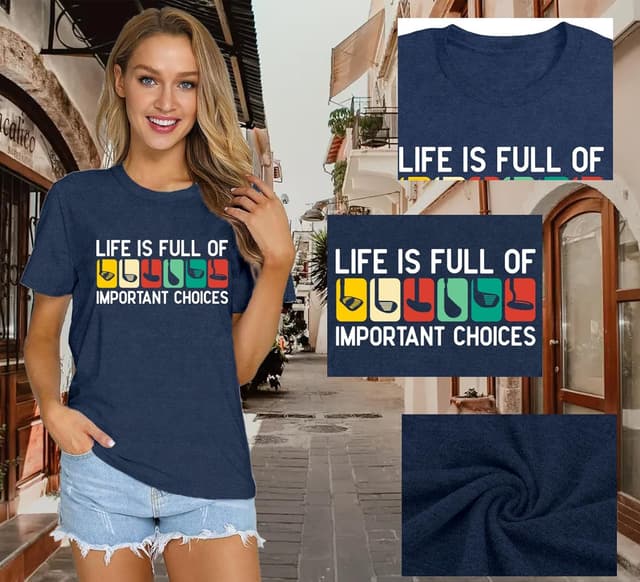 Detalle 2 de Qskall women’s golf T-shirt – “Life Is Full of Important Choices” tee top