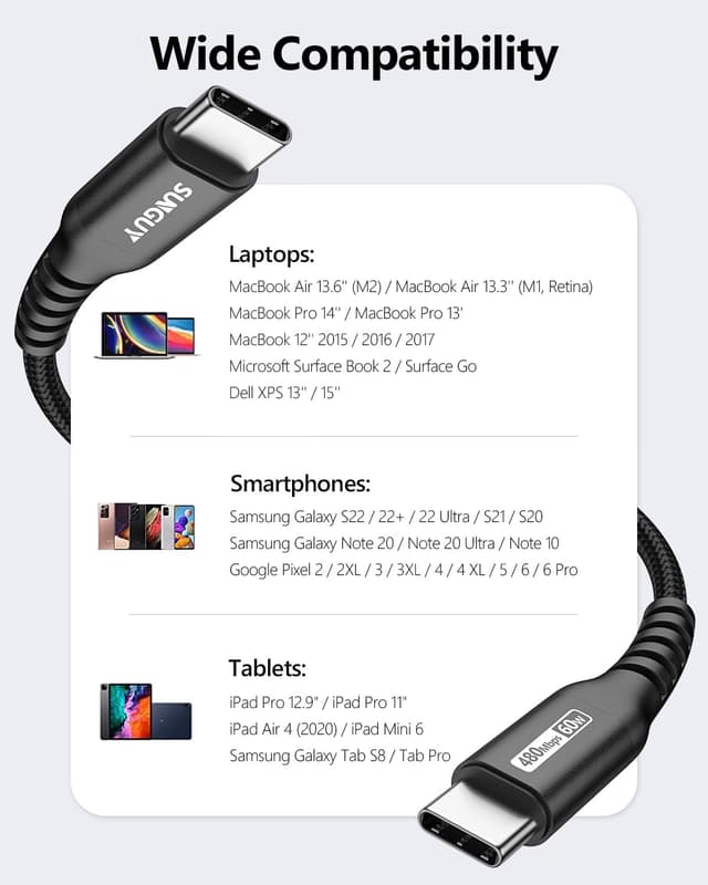 Thumbnail 6 de SUNGUY USB-C Kabel (2er-Set, 30 cm) USB-C auf USB-C mit bis zu 60 W Schnellladen und Datenübertragung bis 480 Mbit/s