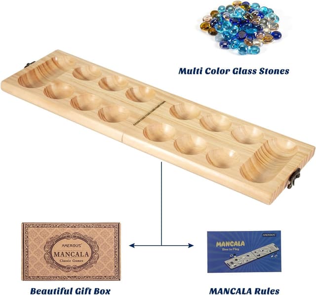 Detalle 2 de AMEROUS Wooden Mancala Board Game Set (Folding Board) with Glass Stones – Portable Mancala Instructions & Gift Package