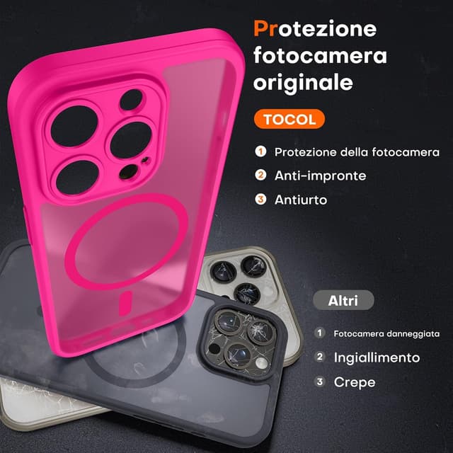 Detalle de TOCOL Cover Magnetica per iPhone 15 Pro 6,1” con MagSafe, protezione fotocamera integrata e antiurto trasparente-opaca (Rosa Caldo)