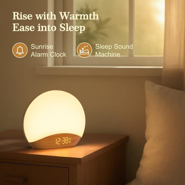 Detalle de REACHER Wood Wake Up Light Alarm Clock with Sunrise Simulation, White Noise & Night Light