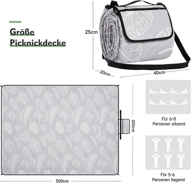 Detalle de HAUSPROFI Picknickdecke 200x300 cm – wasserdicht, isoliert, mit Tragegriff & Heringen