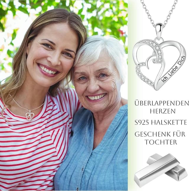 Detalle de Jbniuay Tochter-Halskette mit S925 Doppelherz-Anhänger und Gravur „Ich liebe dich“