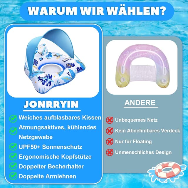 Detalle 2 de JONRRYIN aufblasbare Pool-Luftmatratze/Schwimmsessel mit Sonnendach, Rückenlehne und 2 Getränkehaltern
