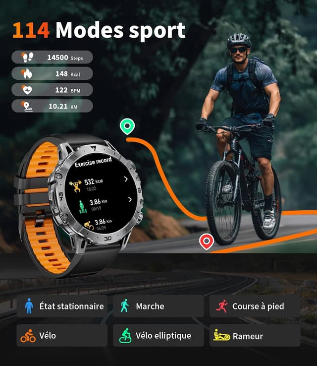Detalle 2 de LIGE Montre connectée homme militaire EF18-Q (1,7") : appels Bluetooth, 110+ modes sport, IP68