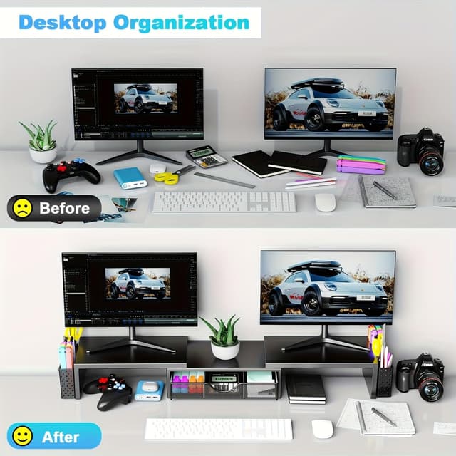 Detalle de Pygocereri dual monitor stand riser with drawer and pen holders (adjustable height/angle) – metal black