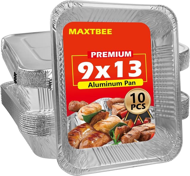 Detalle de MAXTBEE 9x13 Aluminum Foil Pans with Lid (10-Pack) — Heavy-Duty Disposable Tin Trays