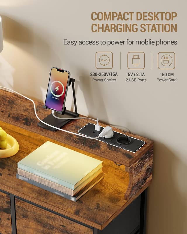 Detalle de Hzuaneri Commode 9 tiroirs avec bande lumineuse LED, 2 ports USB et 2 prises secteur (30 x 100 x 95 cm) Vintage DU02901BEU