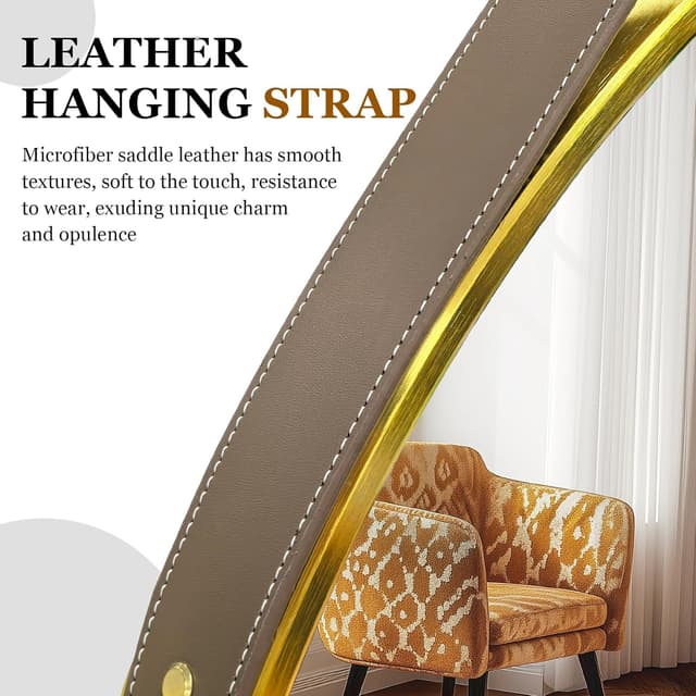 Detalle de Artloge Spiegel Rund Gold 80 cm – Wandspiegel mit Metallrahmen und Lederband