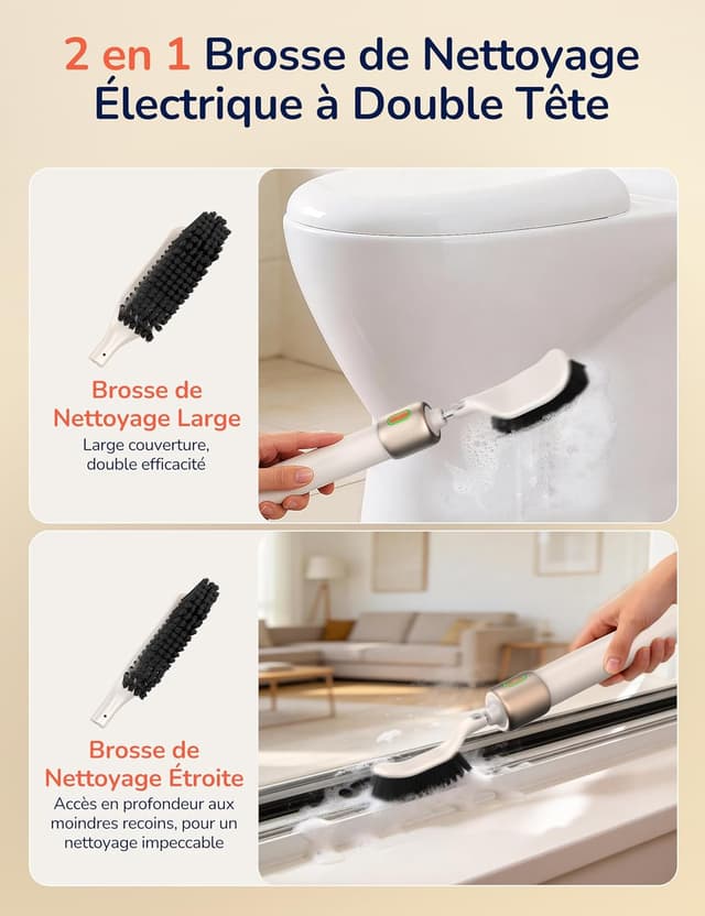 Detalle 2 de Brosse de nettoyage électrique PalNests avec 2 têtes et 3 vitesses réglables