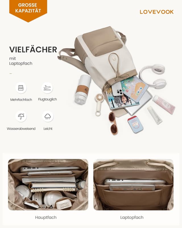 Detalle de LOVEVOOK Damen-Rucksack für 17,3" Laptop – wasserdicht, leicht & mit Diebstahlschutz