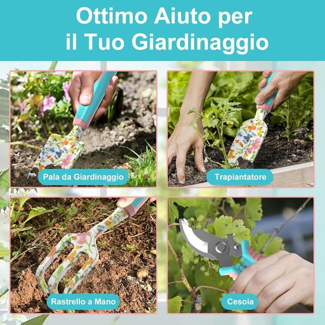 Detalle de MQHUAYU set di 6 attrezzi da giardinaggio con utensili a mano in lega di alluminio e borsa