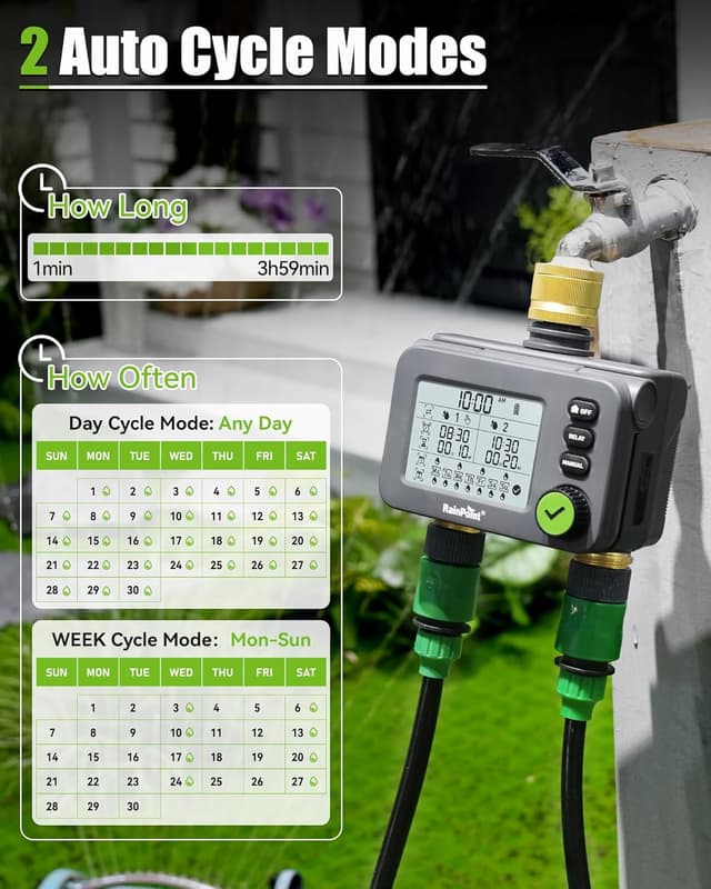 Detalle 2 de RAINPOINT Centralina irrigazione con 2 uscite, timer con ritardo pioggia, IP54 e LCD grande (ingresso/uscita in ottone)