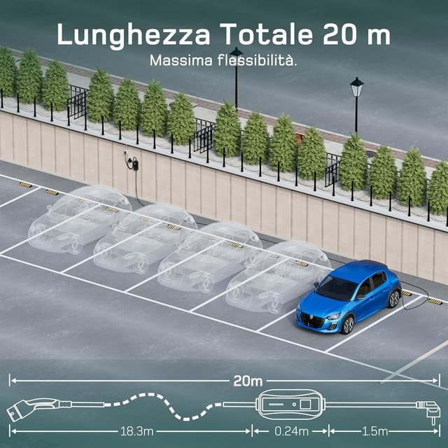 Detalle 1 de dé Cavo di ricarica auto elettrica Tipo 2 Schuko 20m (fino a 3,7 kW, 6–16A) con LCD e supporto