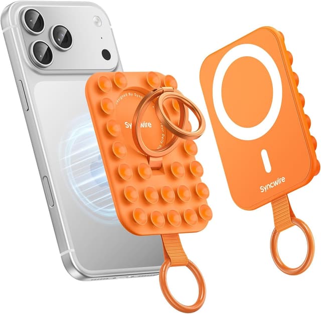 Detalle de Syncwire Magnetic Suction Phone Mount for MagSafe (Orange) with Silicone Octo Cup Grip Ring Holder