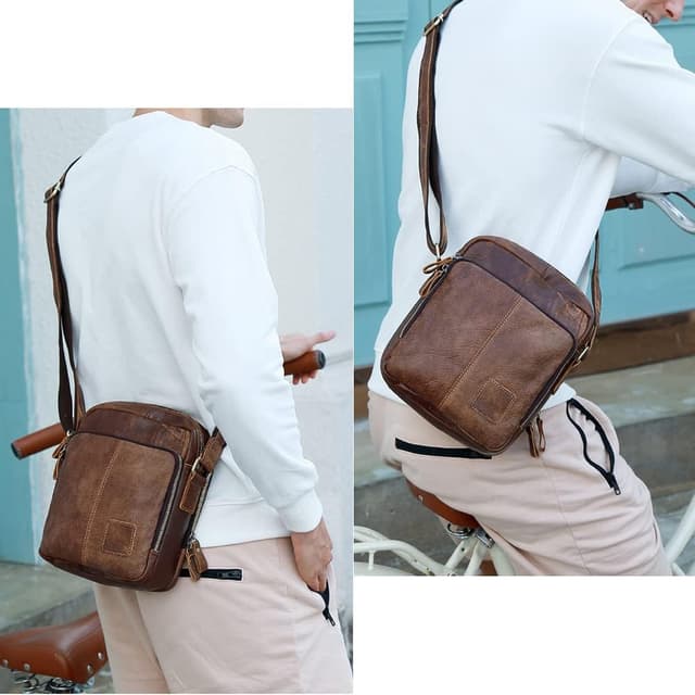 Detalle 2 de BAIGIO vintage leather cross body bag for men (brown) – small messenger/sling for work and travel