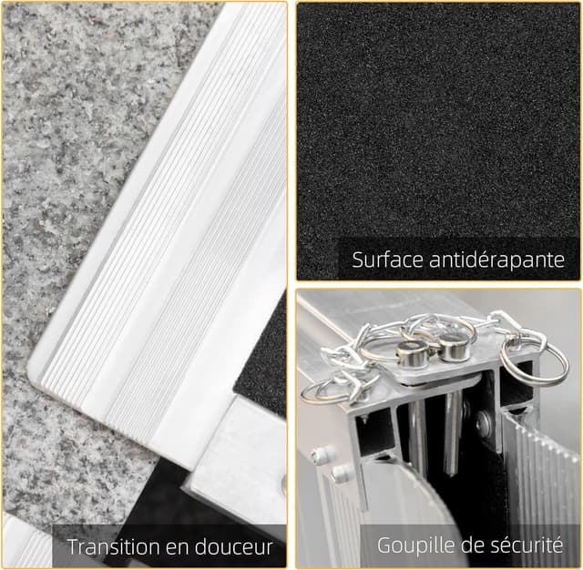 Detalle de HOMCOM Rampe de fauteuil roulant pliable en aluminium, antidérapante, bordures de sécurité (jusqu’à 270 kg) noir