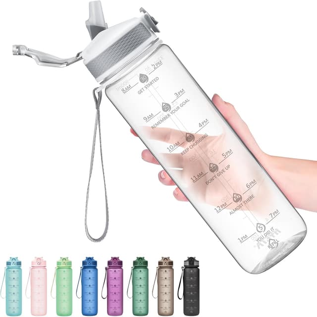 Detalle de Hyeta 32oz Motivational Water Bottle with Straw and Time Markings (Leak-proof)