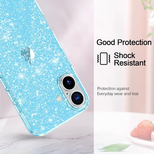 Detalle 1 de AROYI 3 in 1 Clear Glitter Case for iPhone 16 (6.1") with 2x Tempered Glass Screen Protectors, Blue