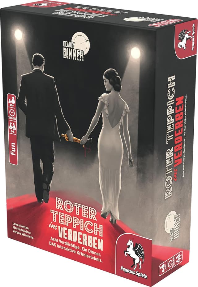 Detalle 2 de Pegasus Spiele Deadly Dinner „Roter Teppich ins Verderben“ – Krimi-Dinner-Spiel für 6–8 Spieler ab 16 Jahren