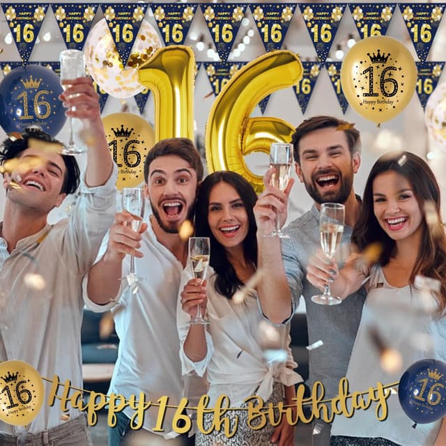 Detalle 2 de 16th Birthday decorations kit, Blue and Gold