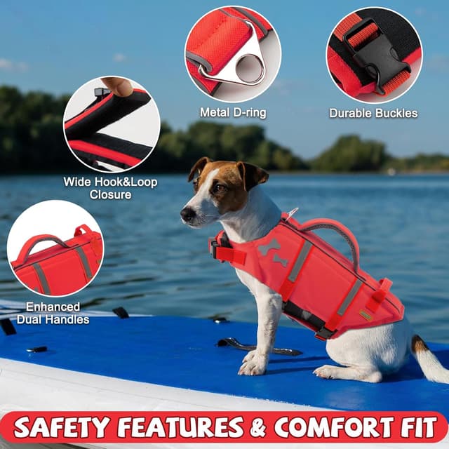 Detalle de EMUST Adjustable Dog Swim Vest (XL, NewRed) with Rescue Handle and Reflective Strips