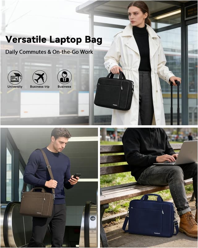 Detalle 2 de Ferkurn 17–17.3 inch laptop messenger bag case (water-repellent polyester, detachable shoulder strap) – Black