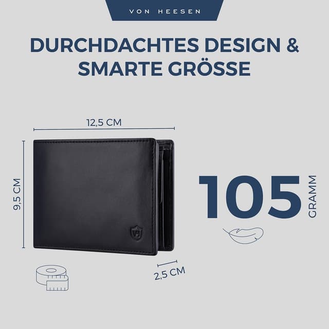 Detalle de VON HEESEN Leder-Geldbörse mit RFID-Schutz aus Echtleder (Schwarz, Glatt)